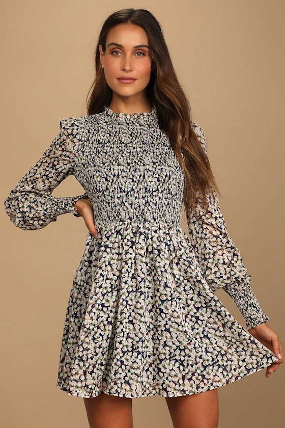 Floral Forever Navy Blue Floral Print Smocked Skater Dress | Lulus (US)