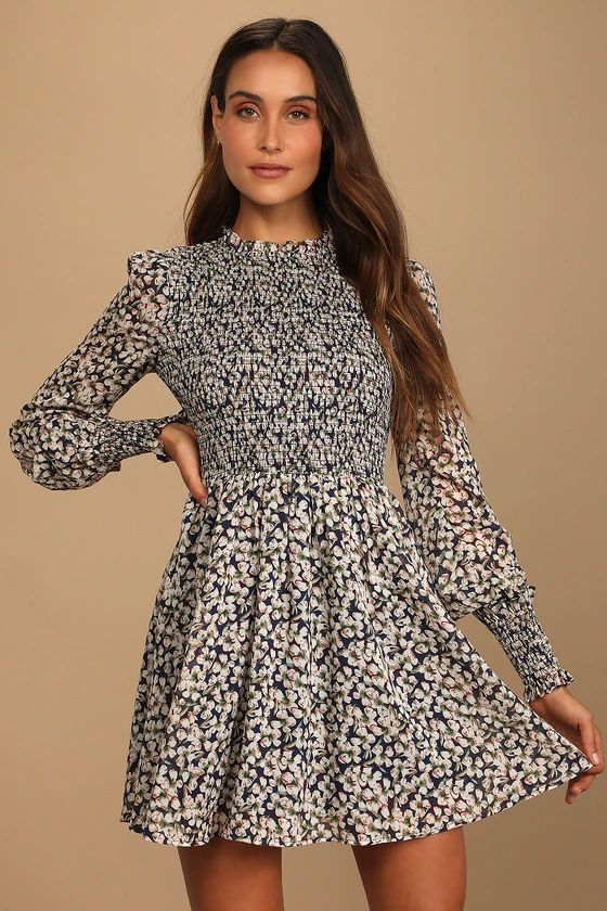 Floral Forever Navy Blue Floral Print Smocked Skater Dress | Lulus (US)