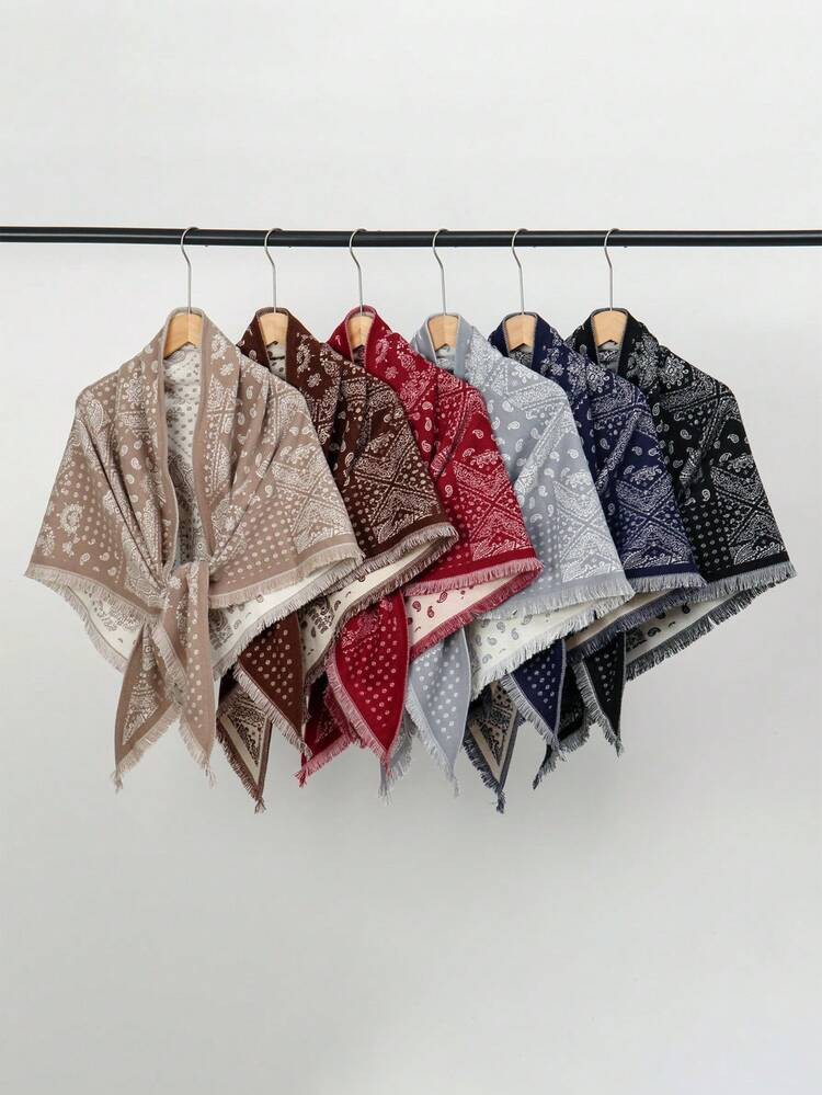 1pc Women's Autumn/Winter New Faux Cashmere Vintage Cashew Flower Triangle Scarf With Tassels, Wa... | SHEIN