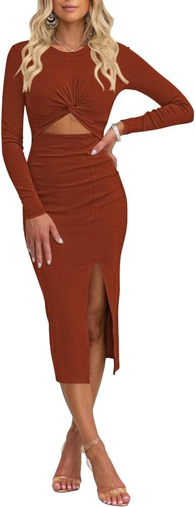 Duigluw Women Cutout Long Sleeve Crewneck Twist Front Crisscross Ruched Split Bodycon Midi Dress | Amazon (US)