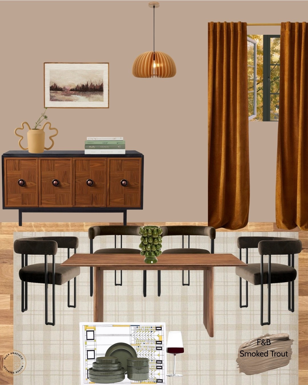 Beautiful Fall inspired dining room design! I love this dining table from Wayfair, upholstered velvet chairs (there are different colors), beautiful West Elm sideboard, velvet curtains, checkered rug, FLW placemats and green dining set. #homedecor #diningroom #falltrends 

#LTKFamily #LTKHome #LTKSeasonal