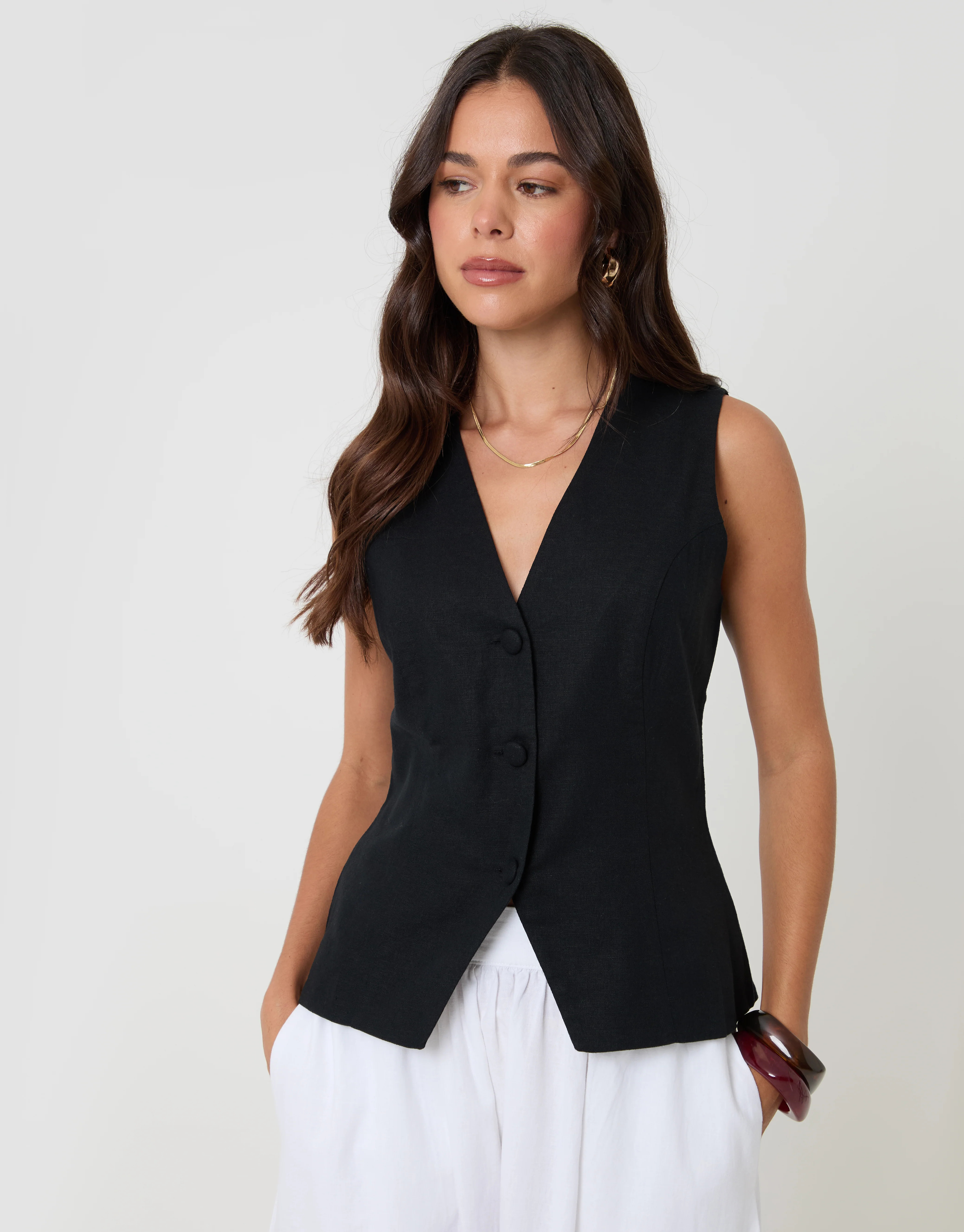 Black Linen Blend V-Neck Waistcoat | Threadbare