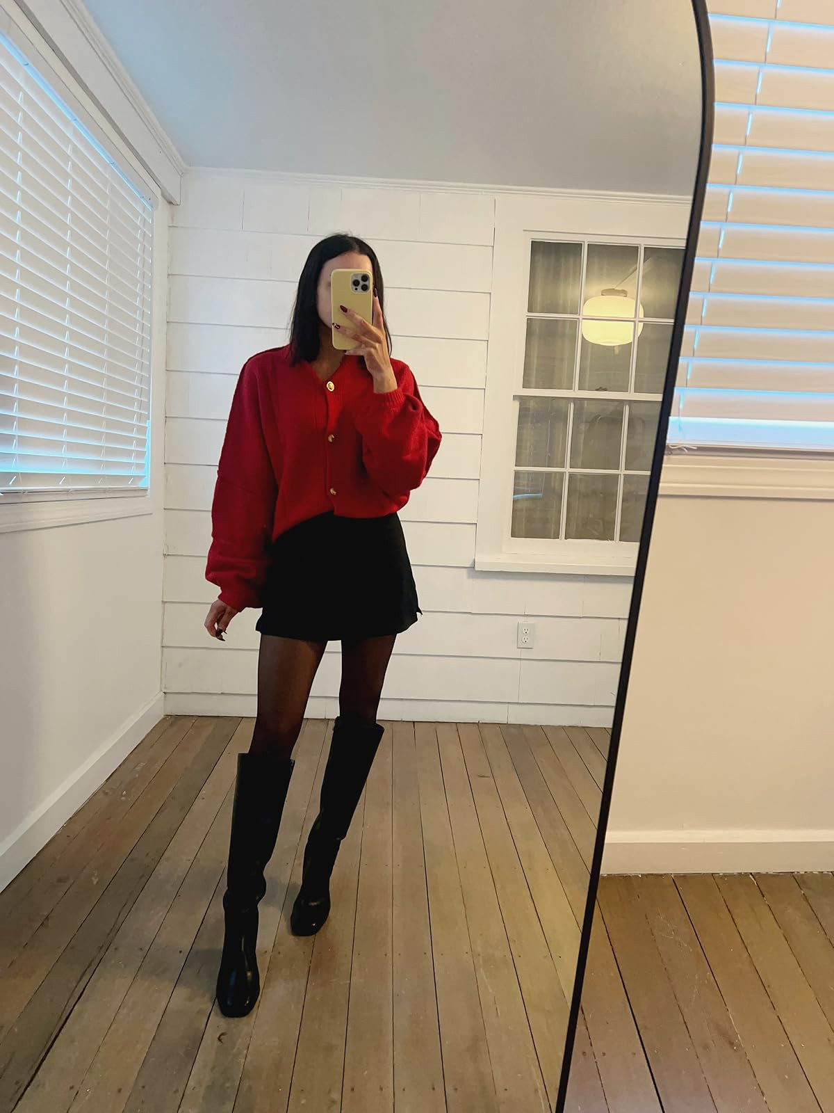 Christmas party outfit- skirt in S, boots true to size, sweater. Red cardigan/black mini skirt/sheer tights/black knee high boots. 
 

 #LTKHoliday #LTKPetite #LTKFindsUnder50