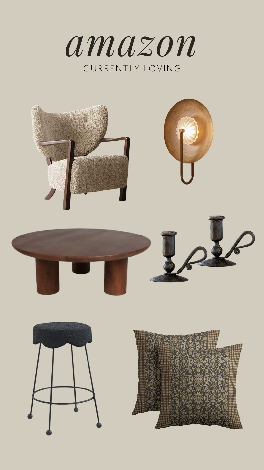 Amazon home finds! Iron candle holder, walnut coffee, modern wall sconce, modern iron counter stool, vintage pillow covers, boucle chair 

#LTKHome #LTKFindsUnder100