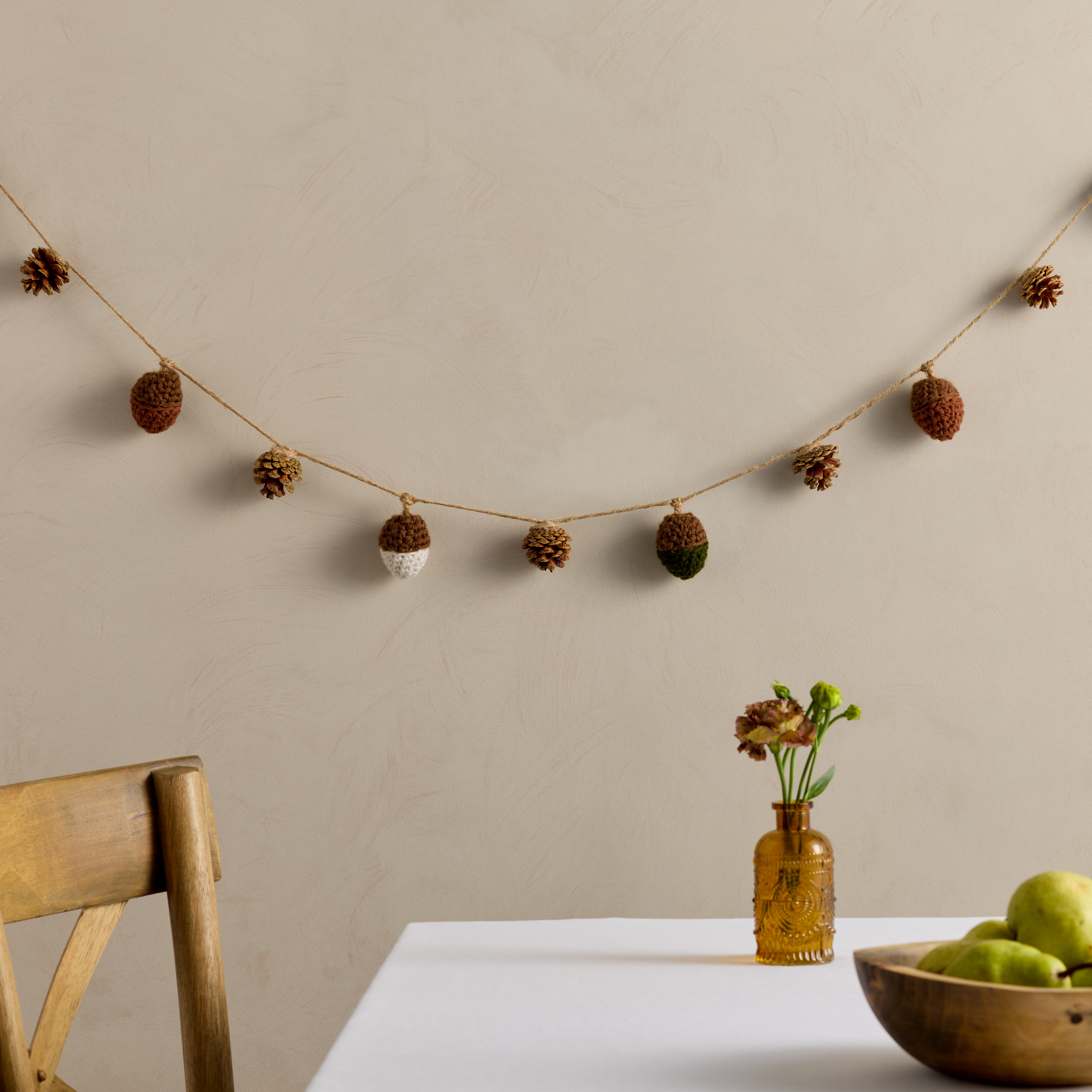 Brown and Green Crochet Acorn and Pinecone Garland | World Market