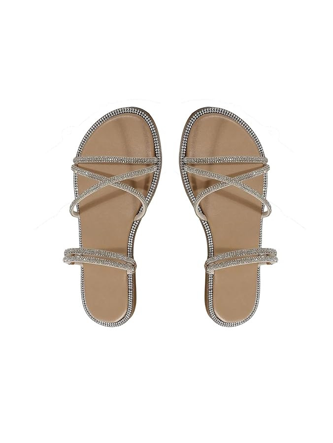 OYOANGLE Women's Rhinestone Strappy Open Toe Slide Sandals Slip on Casual Flat Sandals | Amazon (US)