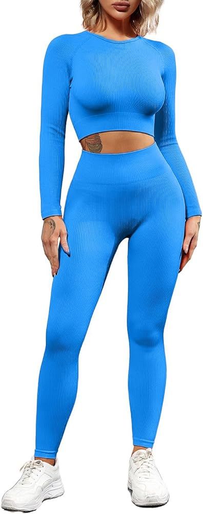 QINSEN Seamless Workout Outfits for Women 2 Piece Ribbed Long Sleeve Crop Top Tummy Control Leggi... | Amazon (US)