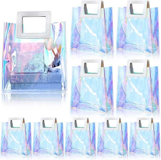 CHENGU 10 Pcs Holographic Gift Bags Iridescent Reusable Clear Birthday Handbag Handle PVC Gift Wr... | Amazon (US)