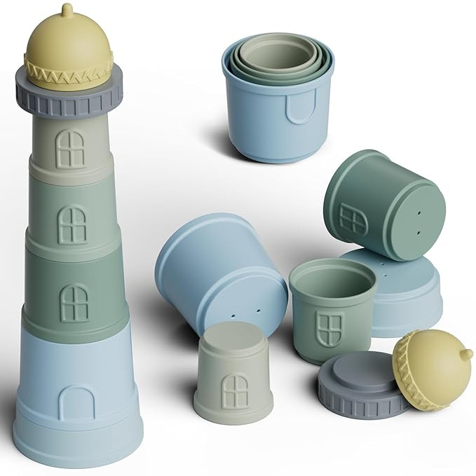 MR.PUR Lighthouse Stacking Cups Baby Toys, 7Pcs Silicone Soft Teething Toy & Baby Bathing Toys wi... | Amazon (US)