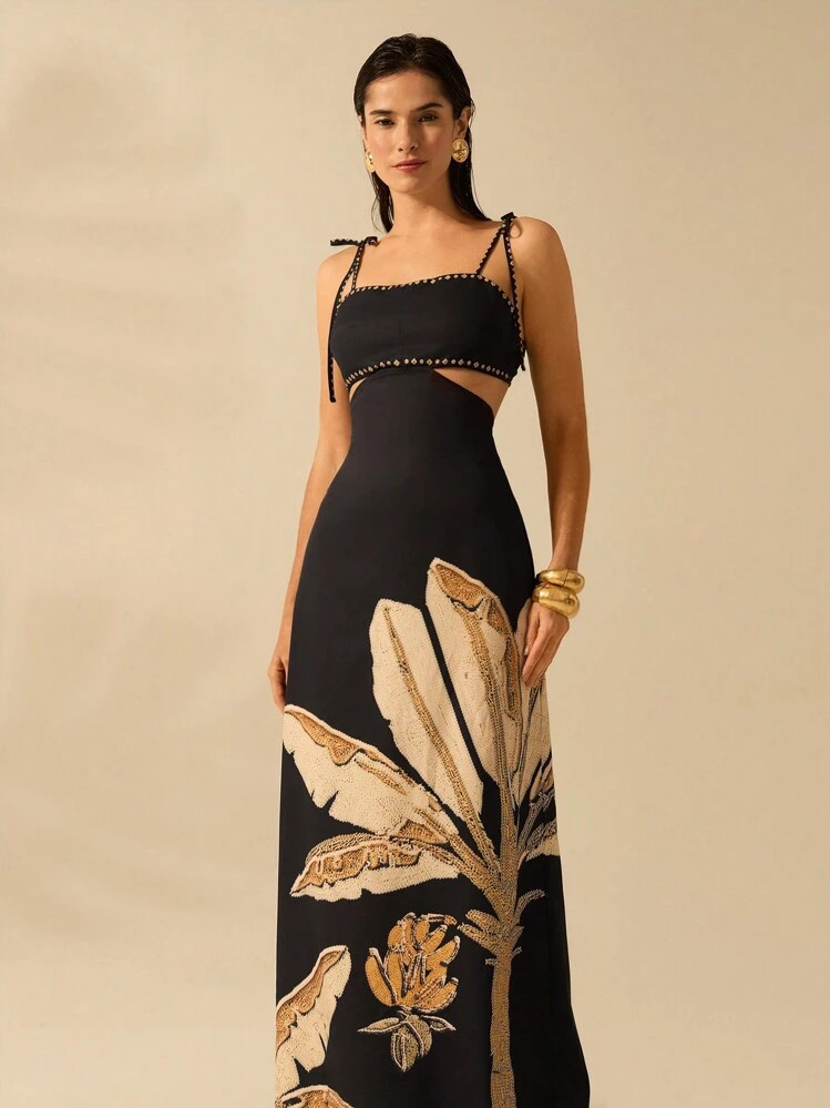 CAJUNI Women Boho Banana Tree Print, Hollow Waist Back Binding Sleeveless Black Dress, Holiday Casual Summer Dress | SHEIN
