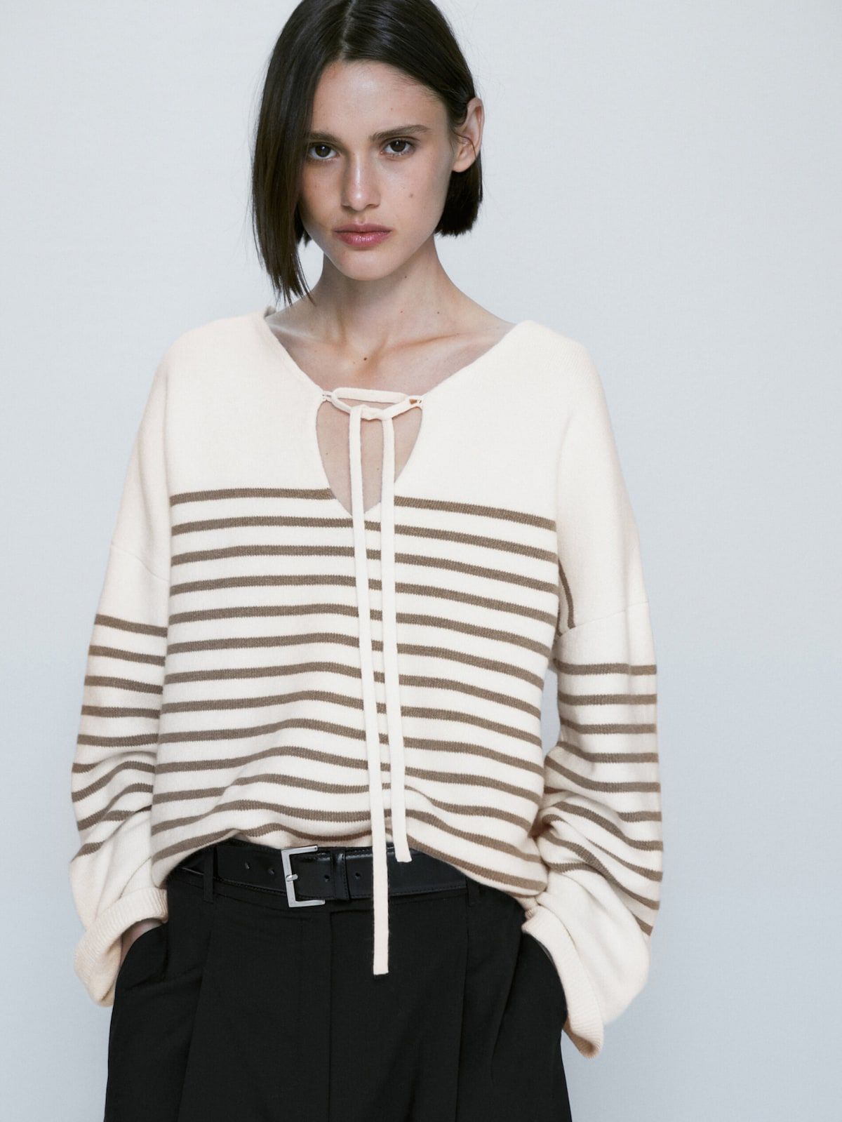 Striped sweater with polo collar and straps | Massimo Dutti (US)