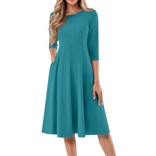 3/4 Sleeve Dresses for Women Solid Color Crew Neck A Line Flowy Dress Spring Summer Casual Midi Dresses with Pockets Casual Midi Dress | Amazon (US)