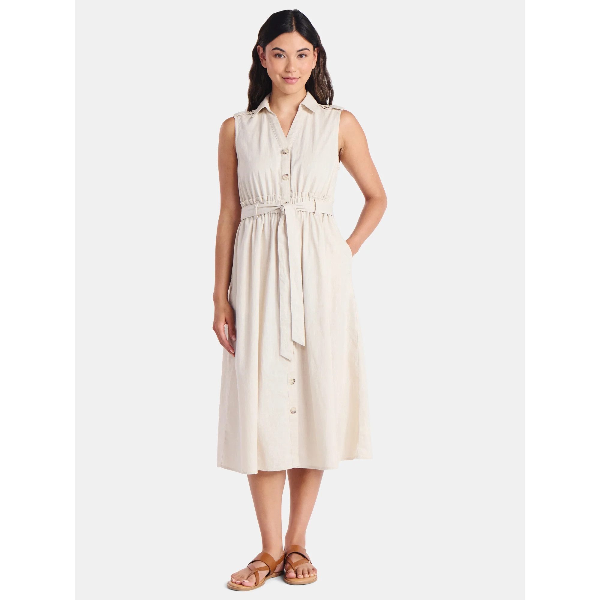 Time and Tru Women's Sleeveless Cotton Belted Midi Shirtdress, Sizes XS-XXXL | Walmart (US)