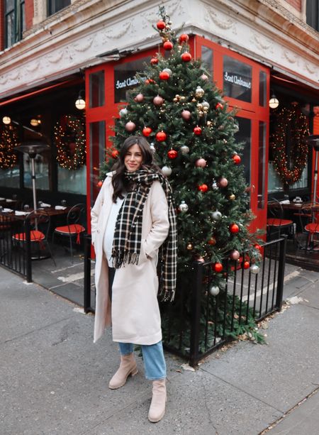 Sweater plaid scarf winter boots suede boots maternity jeans cream coat holiday look maternity style 

#LTKshoecrush #LTKHoliday #LTKbump