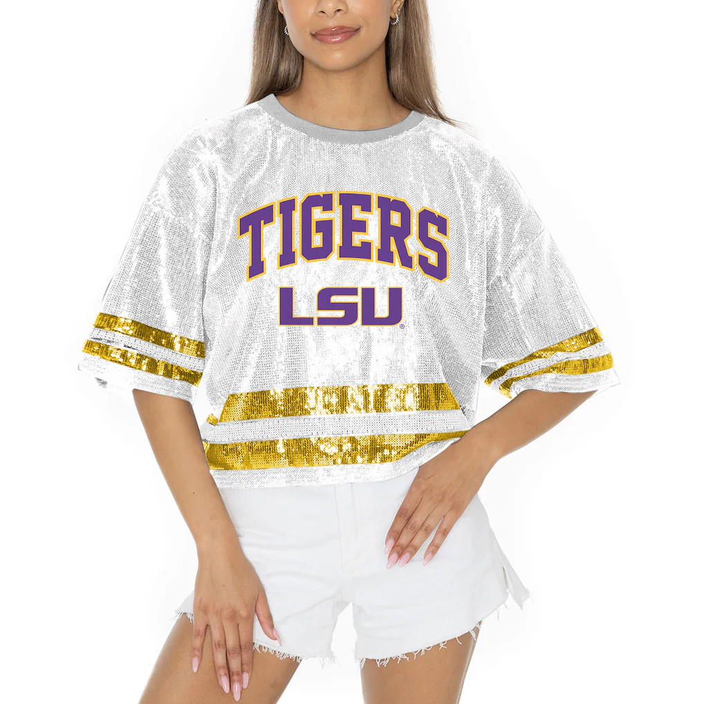 LSU Tigers Gameday Couture Women's Sequin Striped Cropped Fashion Jersey T-Shirt - White | Fanatics