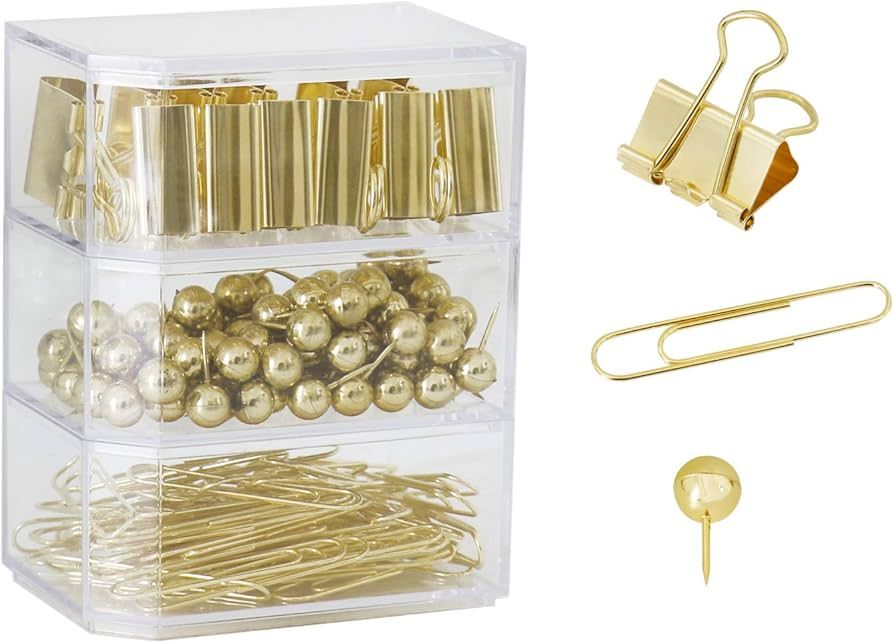 Gold Binder Paper Clips Set,182pcs Large Paper Clips,Binder Clips,Push pins, Office Supplies Clip... | Amazon (US)