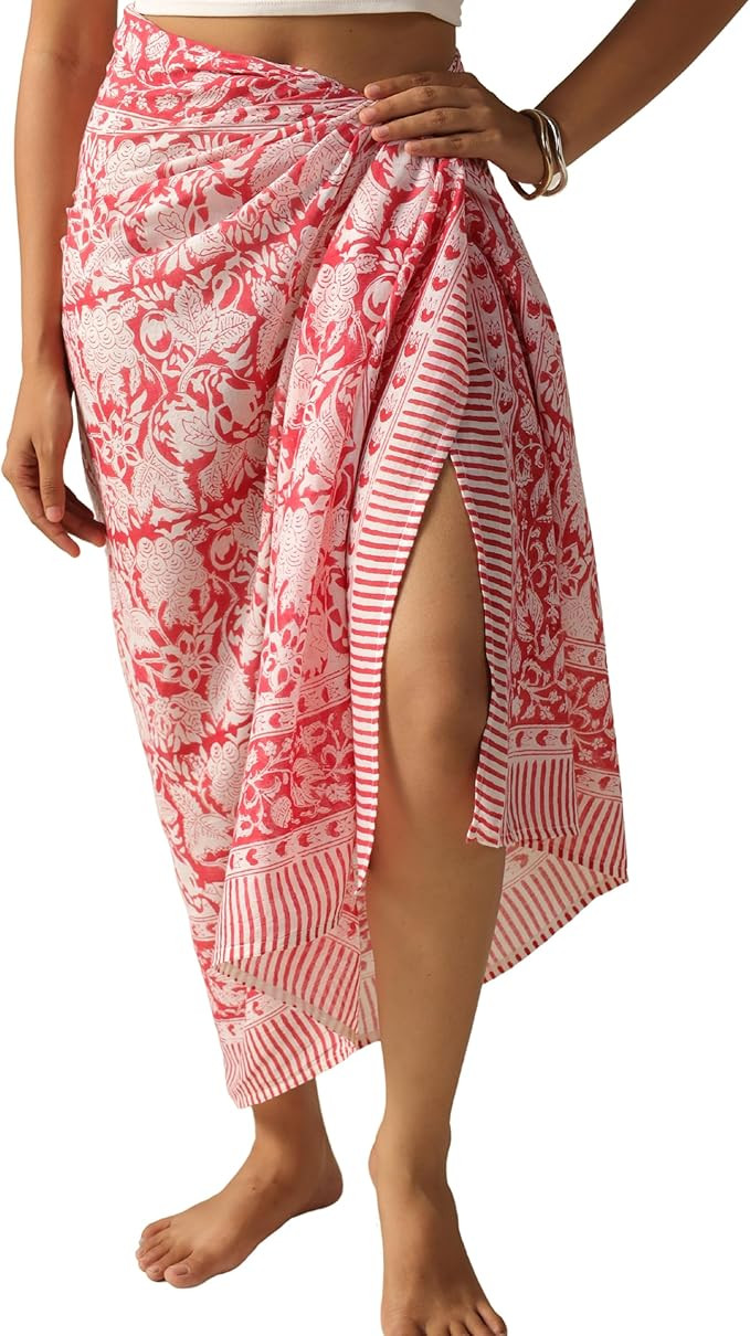 100% Cotton Sarong Coverup for Women Indian Hand Block Print Swimsuit Pareo Wrap Skirt Beach Biki... | Amazon (US)