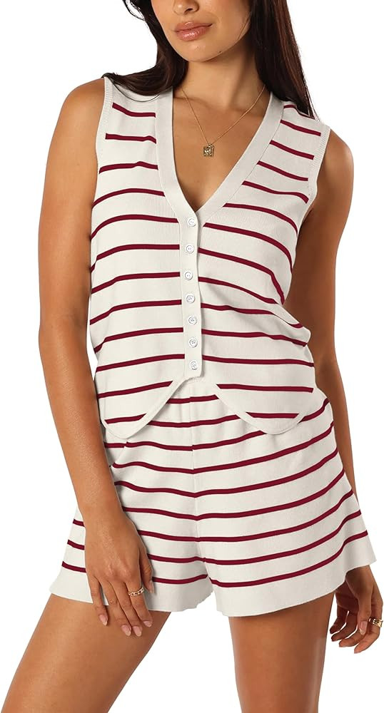 Womens 2 Piece Outfits Summer Striped Sleeveless V Neck Vest Lounge Matching Sets | Amazon (US)