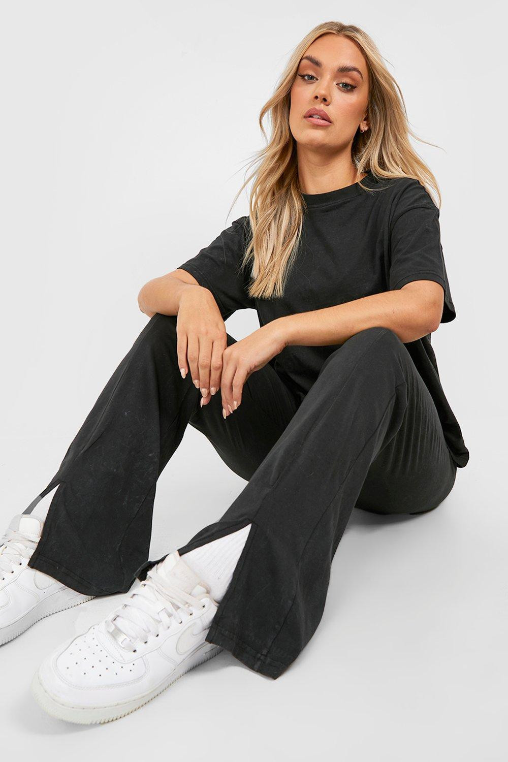 Womens Plus Washed Flare Split Hem Legging Oversized T-Shirt Set - Black - 28 | Boohoo.com (US & CA)