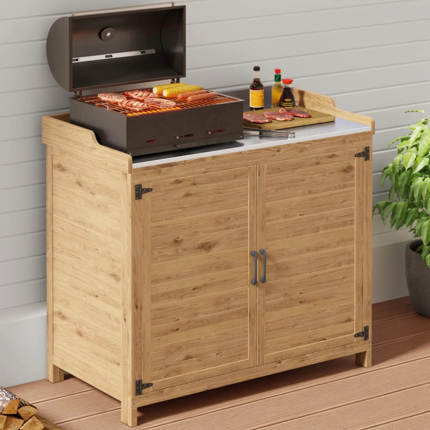 Charvette Fir Potting Bench with Storage Cabinet and Metal Covered Tabletop | Wayfair North America
