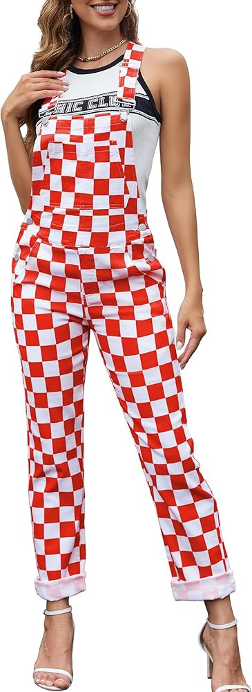 Odefou Checkered Pants Womens Overalls Fashion Bib Coveralls Cute Stretch Jeans Jumpsuit | Amazon (US)