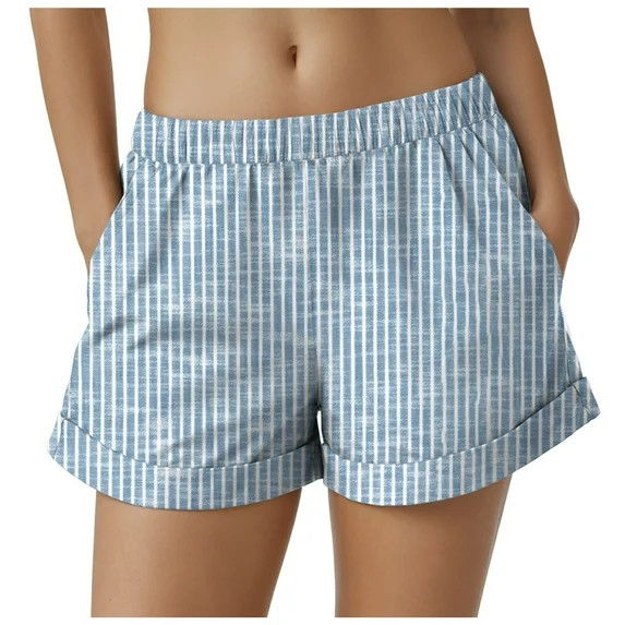 vigerkar Women's Casual Striped Shorts Elastic High Waisted Straight Leg Lounge Bottoms with Pock... | Walmart (US)