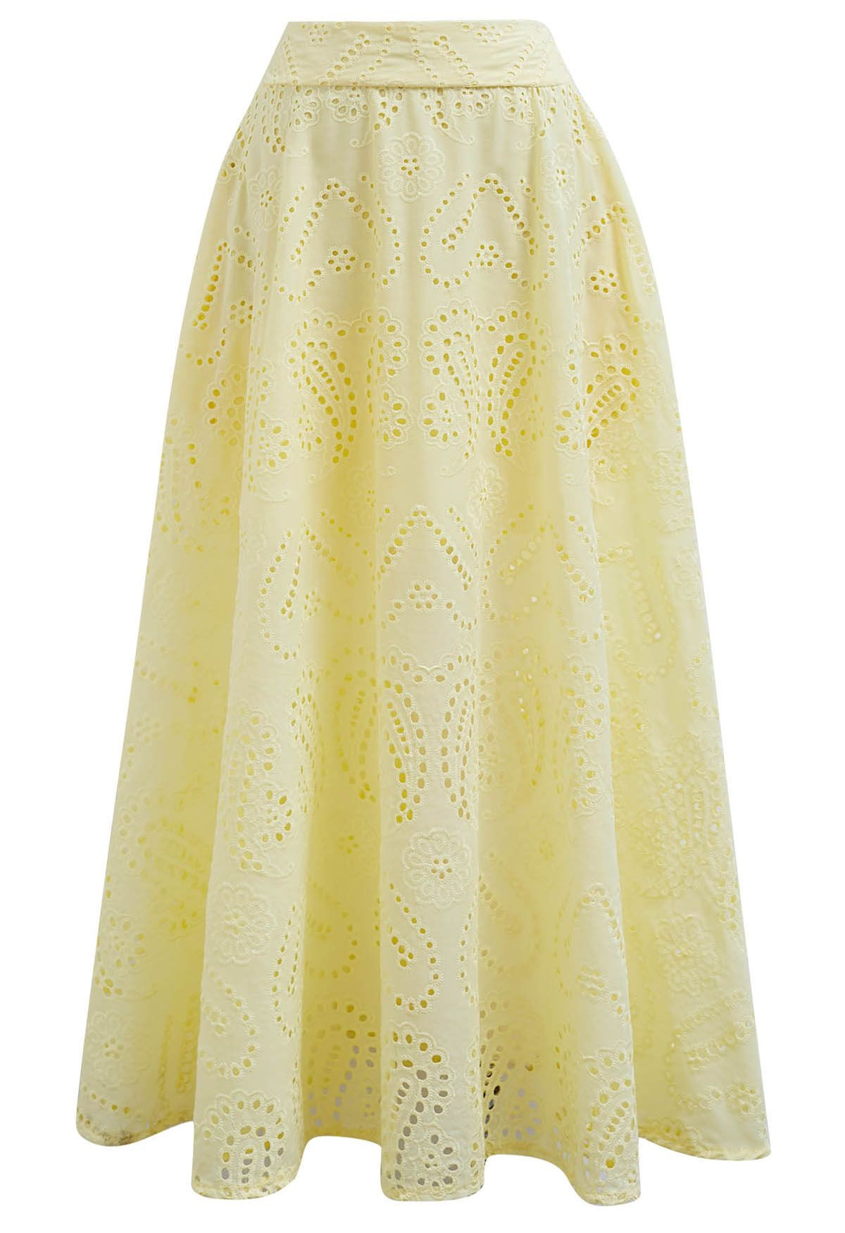 Paisley Eyelet Embroidery High-Waist Shirred Back Maxi Skirt in Yellow | Chicwish