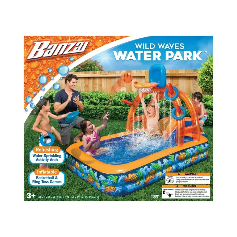 Banzai Wild Waves Water Park w/ Sprinkling Arch, Basketball hoop, & Ring Toss Game | Walmart (US)