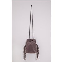 Letty Grey Suede Fringe Bucket Bag | PrettyLittleThing US