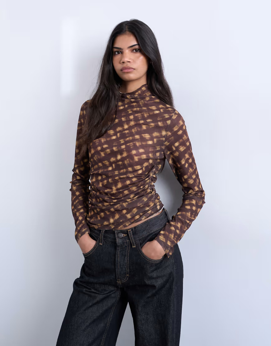 Topshop high neck ruched check print long sleeve top in brown | ASOS (Global)