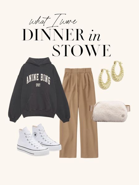 Fall vacation in Stowe, VT. Casual dinner outfit. TTS in sweatshirt and pants, size down 1/2 size in boots. DANIELLE20 for 20% off jewelry!

Fall outfit, casual dinner outfit, wide leg pants outfit, tailored pants outfit, neutral outfit, minimal outfit, Anine bing, Lululemon belt bag

#LTKSeasonal #LTKtravel #LTKstyletip