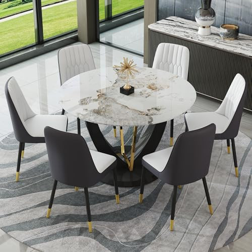 48'' Round Dining Table Set for 6, Marble Kitchen Table Chairs Set of 6, Round Dining Table with Black MDF Leg and Gold Metal Frame, 6 Soft PU Dining Chairs with Metal Legs, for Kitchen, Dining Room. | Amazon (US)