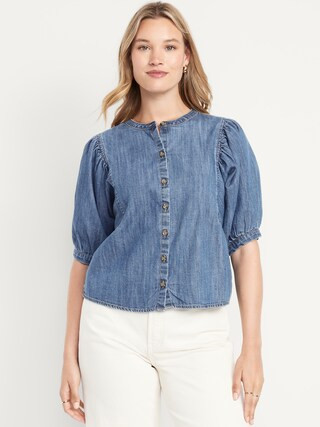 Puff-Sleeve Button-Down Cropped Denim Shirt | Old Navy (US)