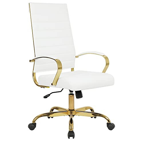 LANDSUN Home Office Chair High Back Executive Chair Ribbed PU Leather Computer Desk Chair with Armrests Soft Padded Adjustable Height Swivel Conference Gold Frame White | Amazon (US)