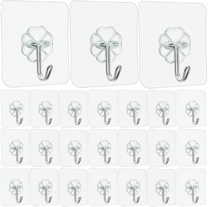 Amazon.com: Jwxstore Wall Hooks for Hanging 33lb(Max) Heavy Duty Self Adhesive Hooks 24 Pack Tran... | Amazon (US)