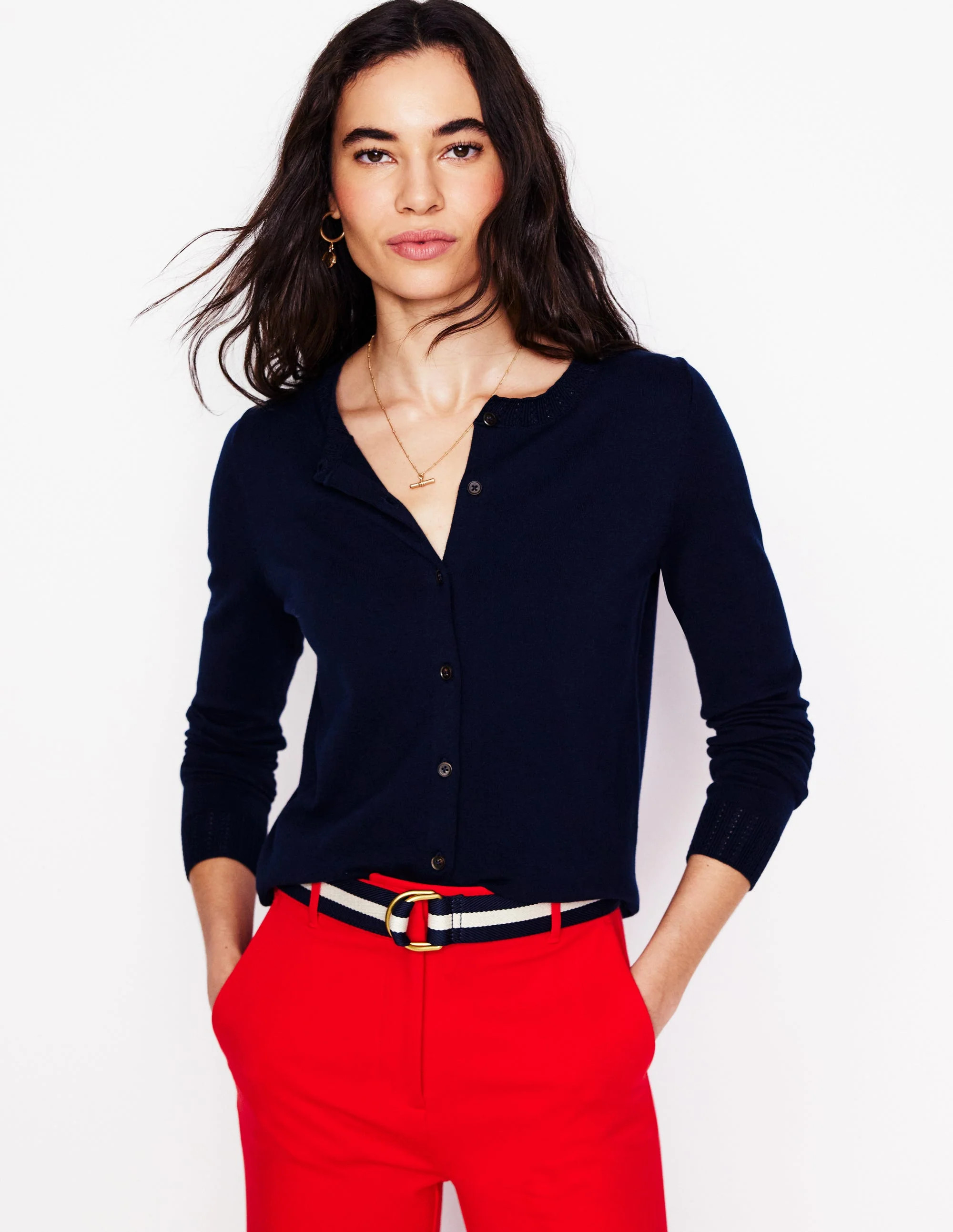 Emilia Cotton Crew Cardigan-Navy | Boden (US)