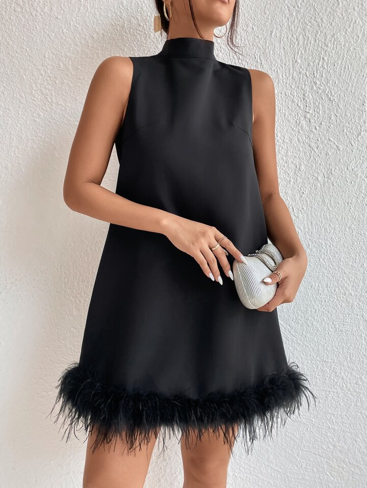 SHEIN Privé Stand Neck Fuzzy Trim Dress, Ladies Party Contrast Fluffy, Zipper Sleeveless Stand C... | SHEIN
