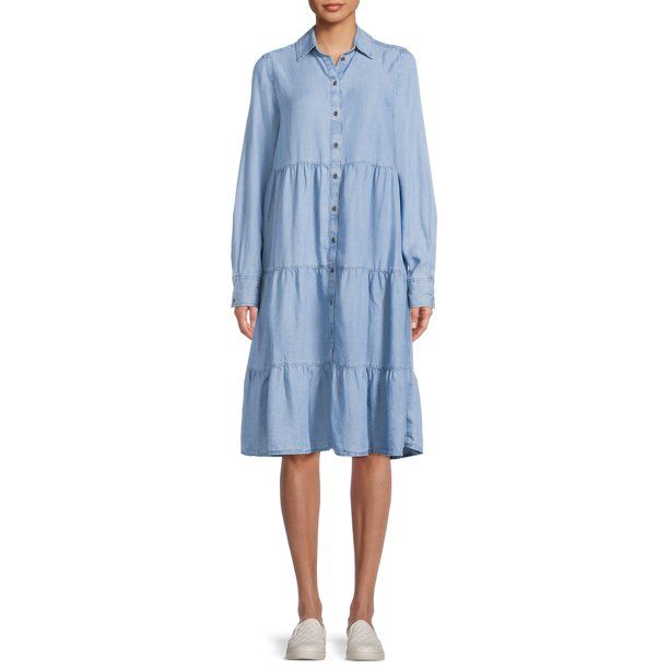 Time and Tru Women's Tiered Dress with Long Sleeves | Walmart (US)