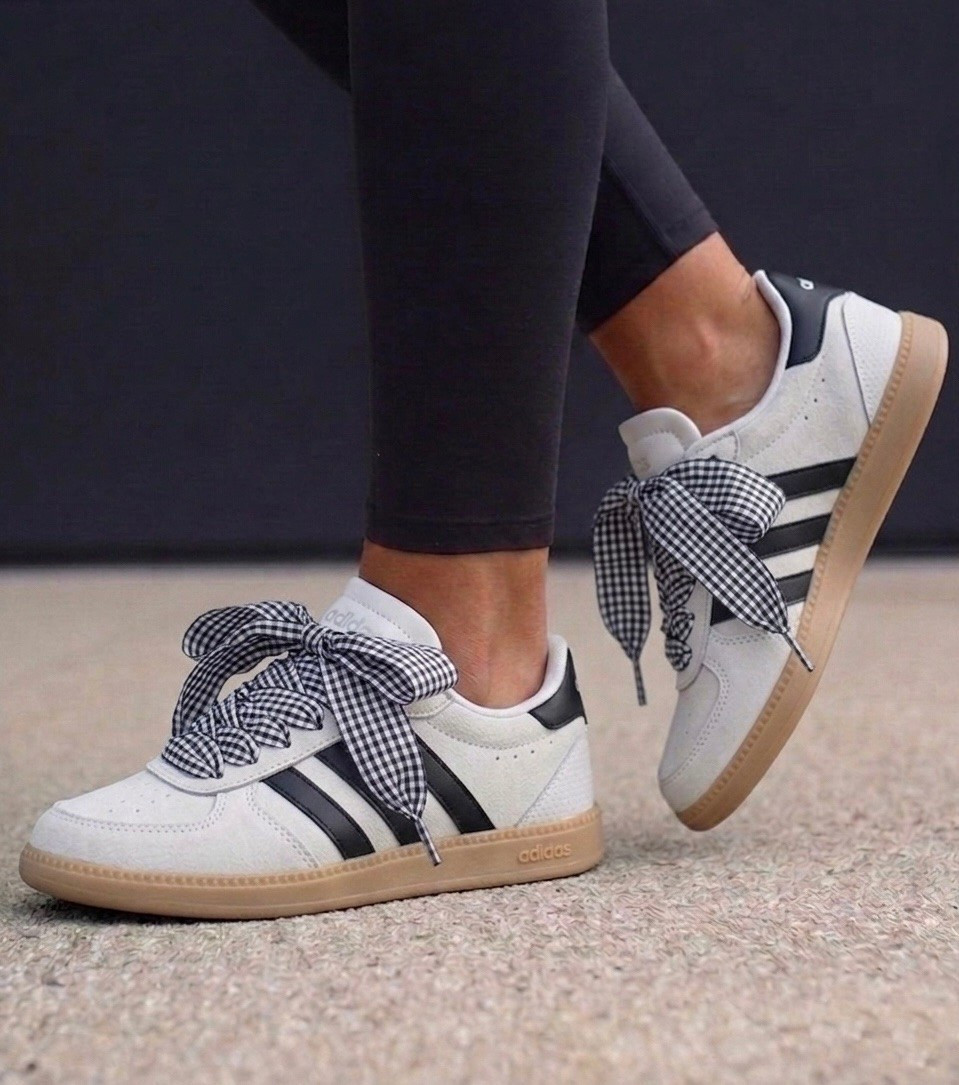 The Adidas Breaknet Sleek Shoes generally fit true to size. These give a nice Samba inspired look for $65. They’re cute with jeans, leggings, Spanx Air Essentials, and casual dresses.
