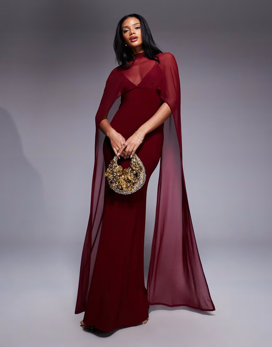 ASOS DESIGN exaggerated cape maxi dress in burgundy-Red | ASOS (Global)