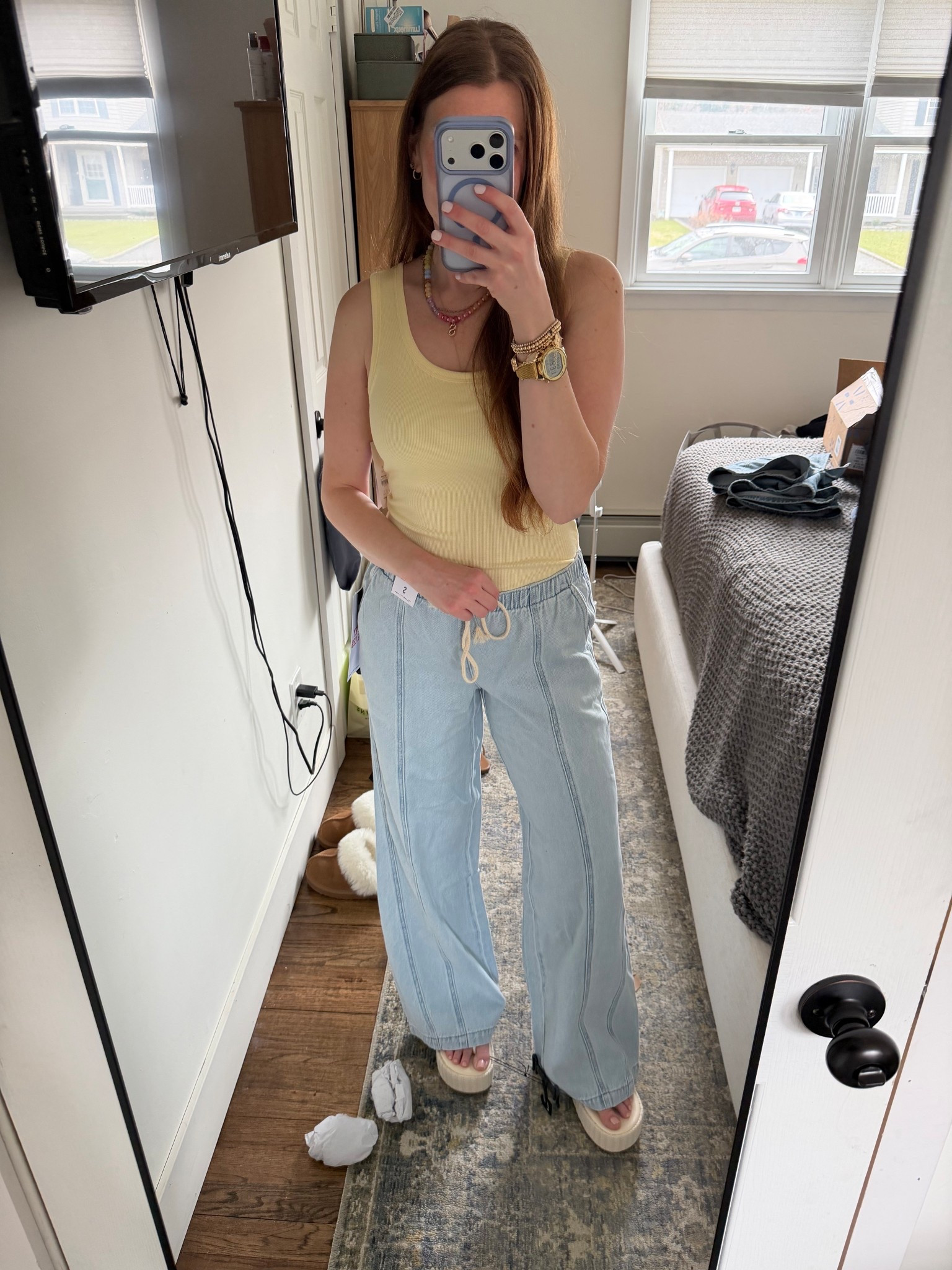 The viral wide leg pants from Walmart. Size down in them. Cute spring or summer outfit. Perfect for a bbq. I’m wearing wedge sandals that make the pants a perfect length on me. I’m 5’2 