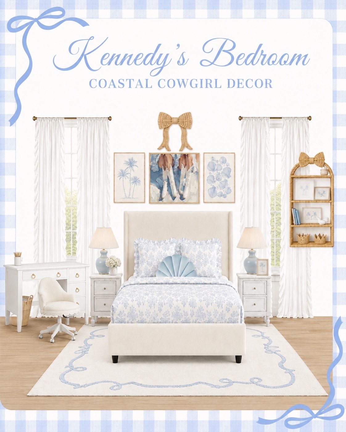 Still adding a few final details, but here’s the vision for Kennedy’s coastal cowgirl bedroom. 🤍 I’m already obsessed with how it’s coming together! 

#girlsbedroom #bedroommakeover #coastalcowgirl #coastalbedroom #girlsroomdecor #blueandwhitedecor #bedroominspo #kidsroomdecor #ltkhome #ltkfinds #coastaldecor #roomreveal

#LTKHome #LTKKids