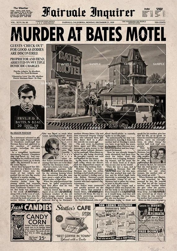 Psycho Norman Bates Fairvale Inquirer Newspaper print | Etsy (US)