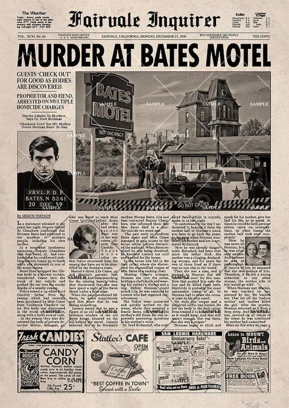 Psycho Norman Bates Fairvale Inquirer Newspaper print | Etsy (US)
