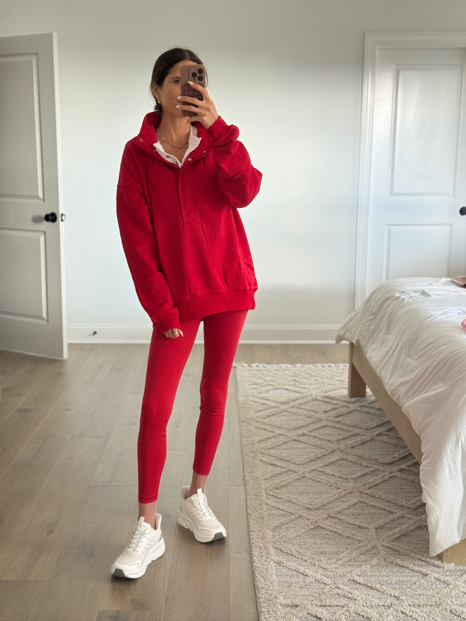 Red oversized sweatshirt styled with leggings and sneakers for an effortless everyday outfit. Cozy, relaxed fit that’s easy to layer and comfortable for all-day wear. Perfect athleisure look for school drop off, running errands, travel days, or casual weekends. Red sweatshirt outfit, leggings outfit, athleisure wear, casual mom outfit, cozy lounge style, everyday casual clothing, relaxed fit pullover, comfortable daily wear.

#LTKSeasonal #LTKFindsUnder50 #LTKootd