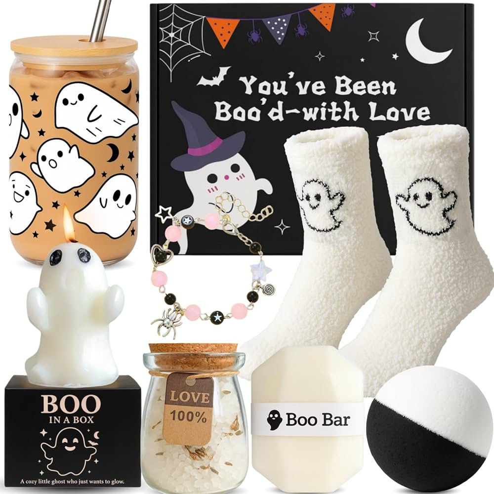 Boo Basket Gift for Women, 7 Spooky Gift Set Including Glass Cup, Halloween Ghost Gifts for Frien... | Amazon (US)