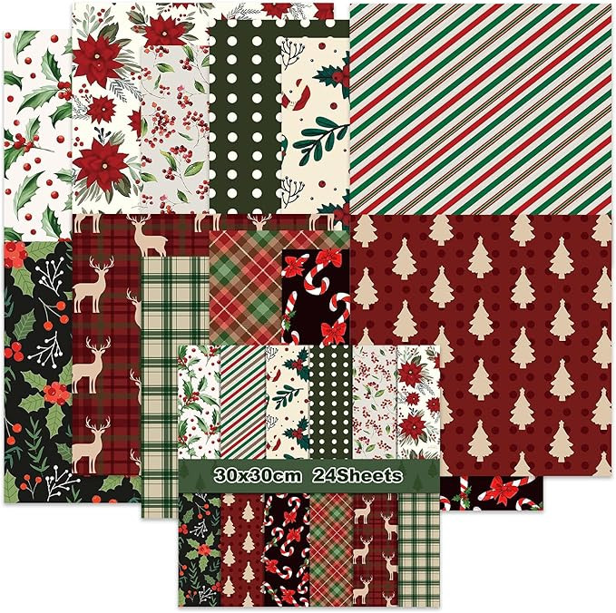 Vintage Christmas Scrapbook Paper Christmas Patterned Paper 12×12 - 24 Sheets Double-Sided Red G... | Amazon (US)