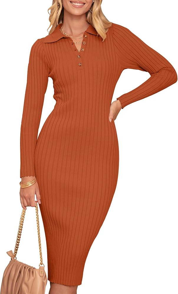 MEROKEETY Womens 2024 V Neck Ribbed Sweater Dress Long Sleeve Bodycon Knit Midi Dresses | Amazon (US)