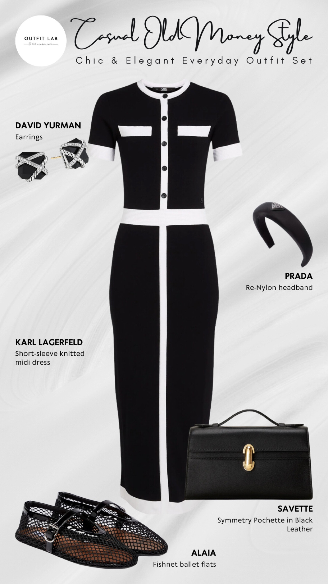 Casual Old Money Style: Chic & Elegant Everyday Outfit Set – Shop Now!

Embrace the casual elegance of old money style with this chic everyday outfit set. Featuring a sophisticated Karl Lagerfeld dress paired with classic Alaia flats for a refined yet relaxed look. Complete the ensemble with a stylish Savette pochette, a Prada headband, and timeless David Yurman earrings. Perfect for effortlessly chic day-to-day wear, this outfit exudes understated luxury. Shop now to elevate your everyday wardrobe with this elegant ensemble!