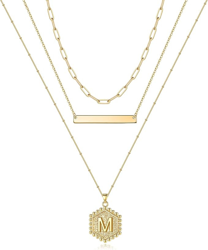 Gold Layered Initial Necklaces for Women, 14K Gold Plated Bar Necklace Handmade Layering Hexagon ... | Amazon (US)